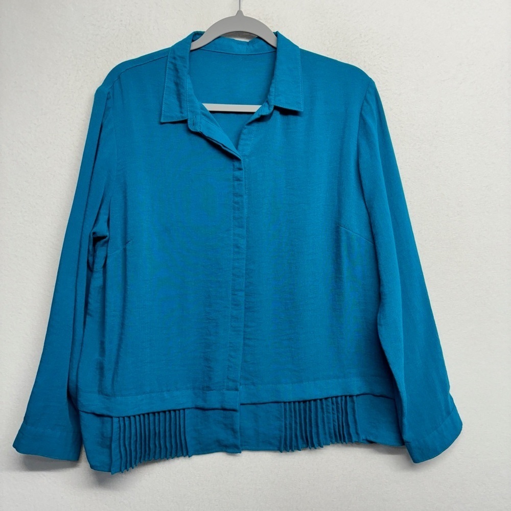 Fridaze 100% Linen Teal‎ Turquoise Blue M Button Down Shirt Pleated Hem Collared
